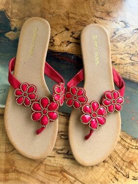 Maui Island Red Beaded Floral Sandals Womens Size 10 Thong Flip Flop Boho